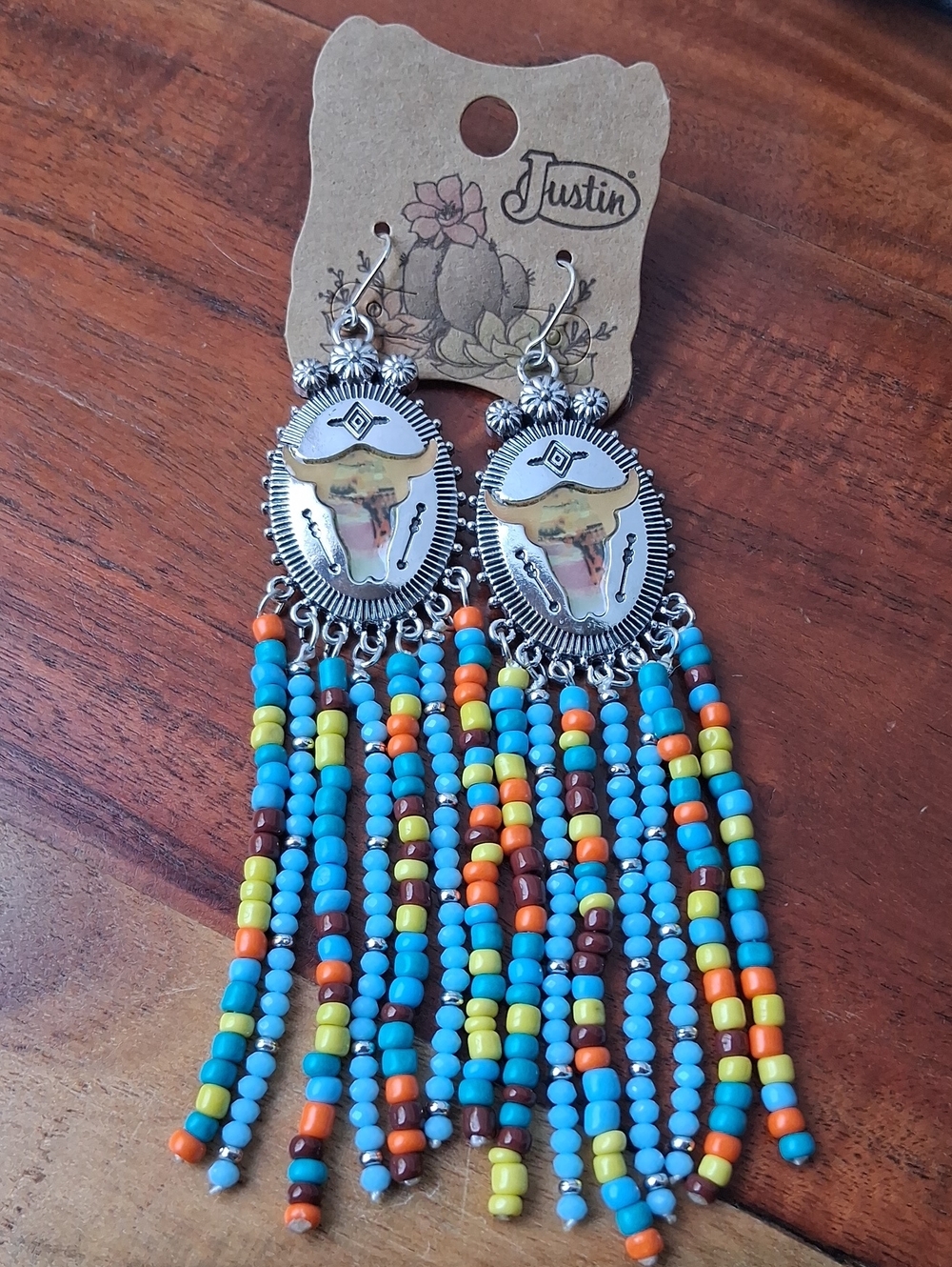 Justin Boots Turquoise, Orange, Yellow & Brown Beaded Long Fringe Earrings - Picture 3 of 6
